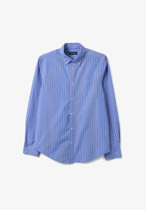 Camicia button-up di colore azzurro chiaro con strisce verticali bianche e arancioni. Presenta un colletto a punta e una tasca sul petto. Maniche lunghe.