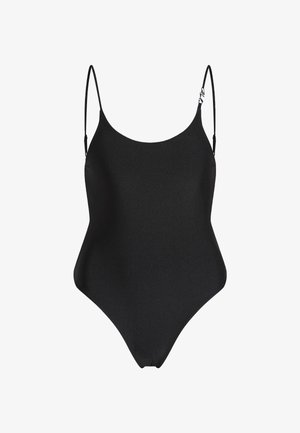 Črn enodelni kopalni kostim z tankimi prilagodljivimi naramnicami, gladkim materialom, okrogelim dekoltejem in visokimi izrezi za bolj izklesano silhueto.