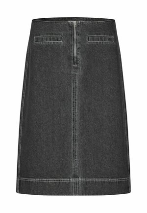 Čierna džínsová sukňa s predným zipsom a dvoma horizontálnymi šikmými vreckami, so bielym kontrastným šitím a rovnom lemom.