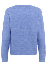 Light blue knitted sweater with long sleeves, ribbed cuffs, and hem. Slightly textured fabric, featuring a simple, unembellished back.