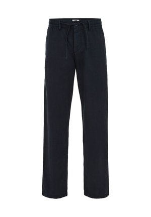 Fekete, egyenes szárú nadrág rugalmas derékrésszel, húzózsinórral, övbújtatókkal és elülső zsebekkel.