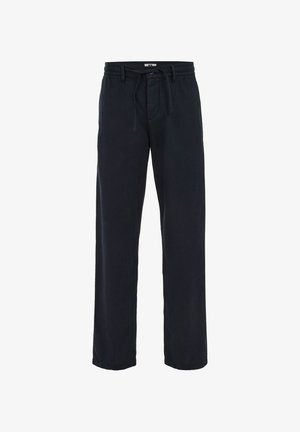 Fekete, egyenes szárú nadrág rugalmas derékrésszel, húzózsinórral, övbújtatókkal és elülső zsebekkel.