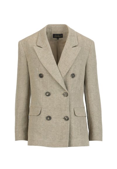 Bēšs dubultā rindā pogojams žakete ar sešām pogām, ar iegriezuma atloku, divām priekšējām kabatām ar ielokalām un garām piedurknēm.