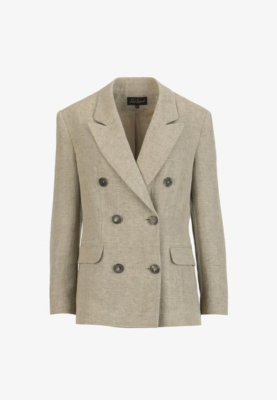 Bēšs dubultā rindā pogojams žakete ar sešām pogām, ar iegriezuma atloku, divām priekšējām kabatām ar ielokalām un garām piedurknēm.