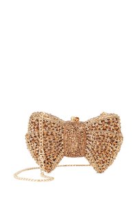 Kleine handtas in de vorm van een strik, bedekt met amberkleurige rhinestones en voorzien van een gouden kettingband en klittenbandsluiting.