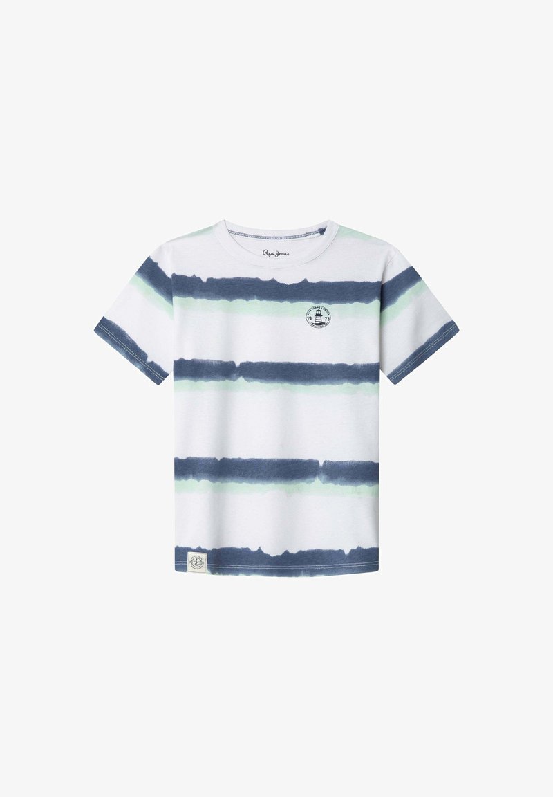 T-shirt à manches courtes blanc avec des rayures horizontales bleues et vertes, doté d'un patch logo et d'un col rond. Tissu en coton doux.