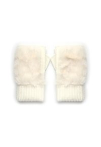 Kremowe rękawiczki bez palców z miękkimi akcentami z futerka i prążkowanymi mankietami, charakteryzujące się przytulną teksturą i casualowym stylem.