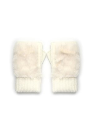 Guanti senza dita color crema con morbidi accenti in pelliccia sintetica e polsini a costine, caratterizzati da una texture accogliente e un design informale.
