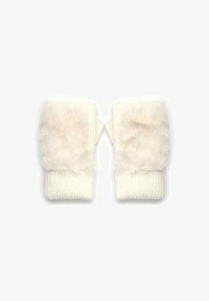 Kremowe rękawiczki bez palców z miękkimi akcentami z futerka i prążkowanymi mankietami, charakteryzujące się przytulną teksturą i casualowym stylem.