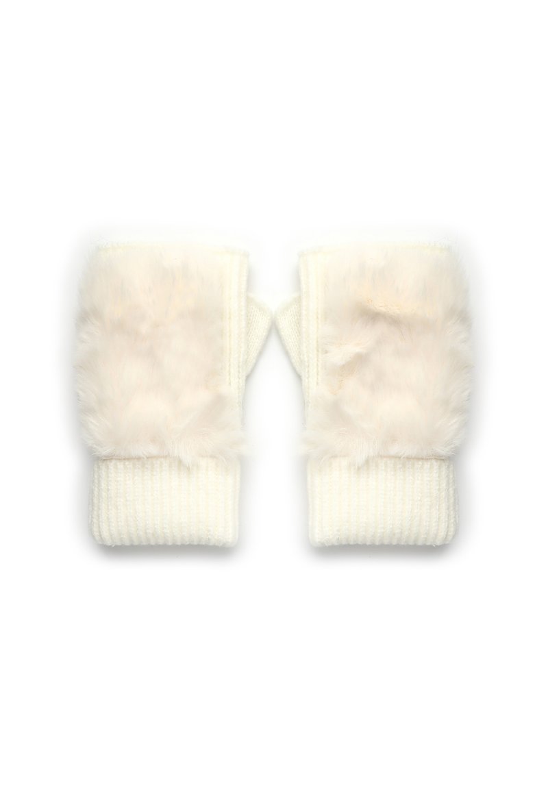 Kremowe rękawiczki bez palców z miękkimi akcentami z futerka i prążkowanymi mankietami, charakteryzujące się przytulną teksturą i casualowym stylem.