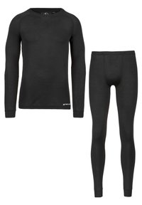 Haut thermique noir à manches longues et leggings assortis ; texture côtelée, design ajusté, et poignets et chevilles serrés.