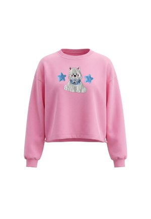 Pink langærmet sweatshirt med en fluffy hvid hund, der bærer en blå sløjfe og to blå stjerner broderet på brystet.