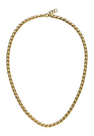 Goldfarbene, verdrehte Kettenhalskette mit glatter Oberfläche, ausgestattet mit einem sicheren Verschluss und einer einheitlichen, runden Form.