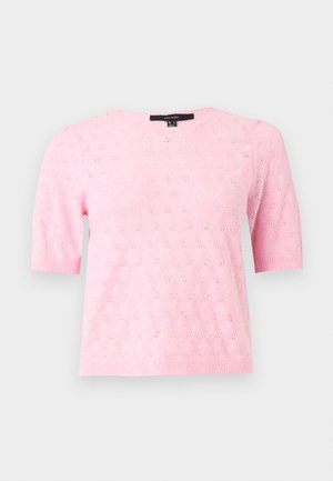 Haut en maille rose clair à manches courtes avec un délicat motif floral ajouré, encolure ronde, poignets et ourlet côtelés.