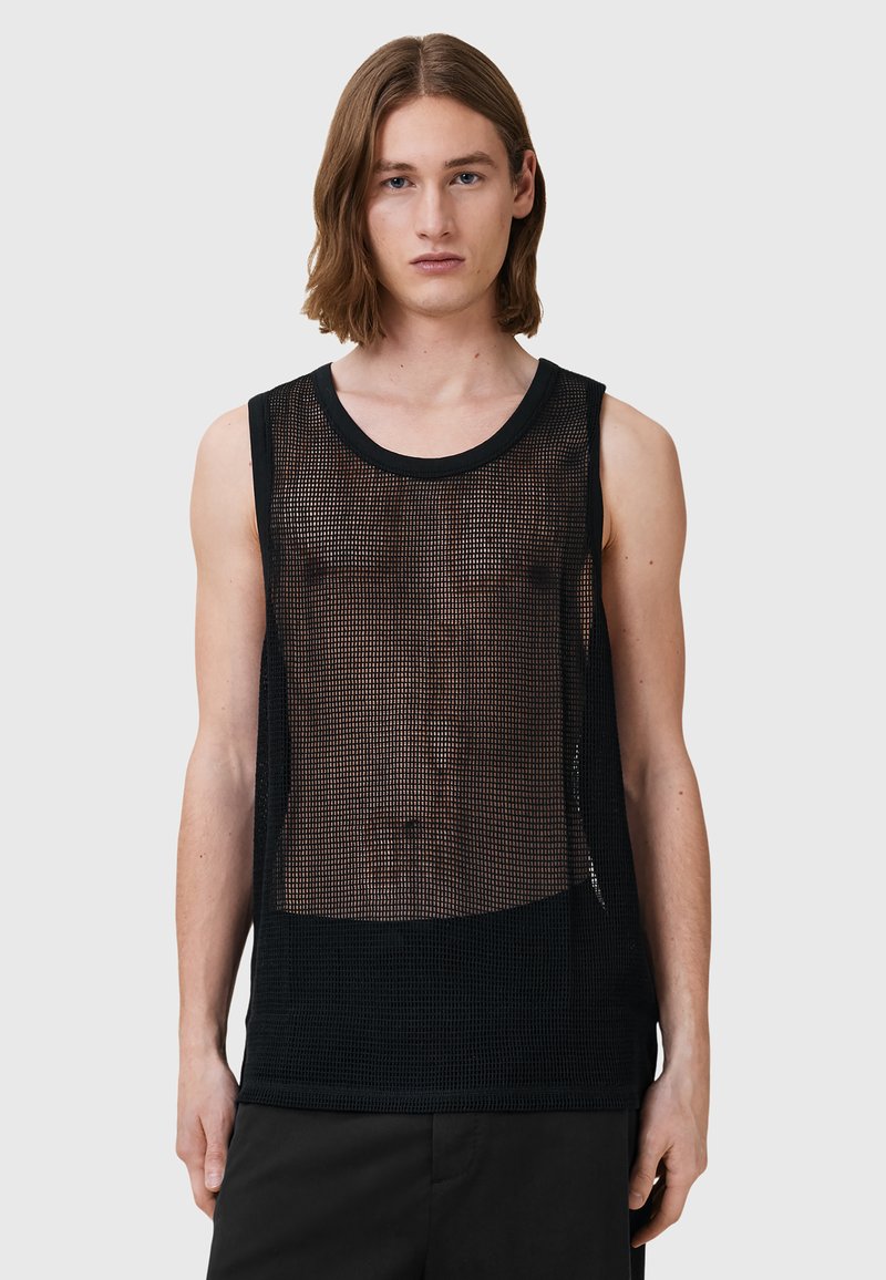 Schwarzes Netz-Trägershirt mit Rundhalsausschnitt und weiten Armöffnungen, ausgestattet mit einem offenen Gewebe und einem festen schwarzen Saum entlang der Kanten.