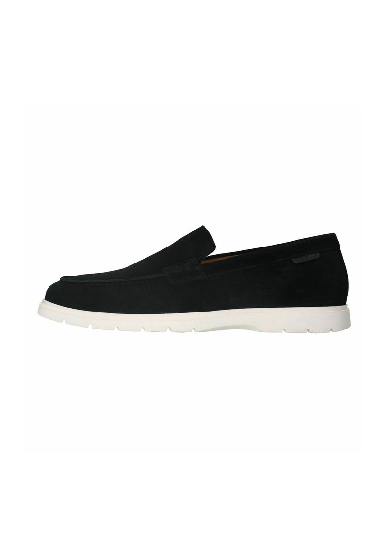 Black slip-on shoe made of suede with a smooth texture, featuring a white rubber sole, rounded toe, and minimalistic design.