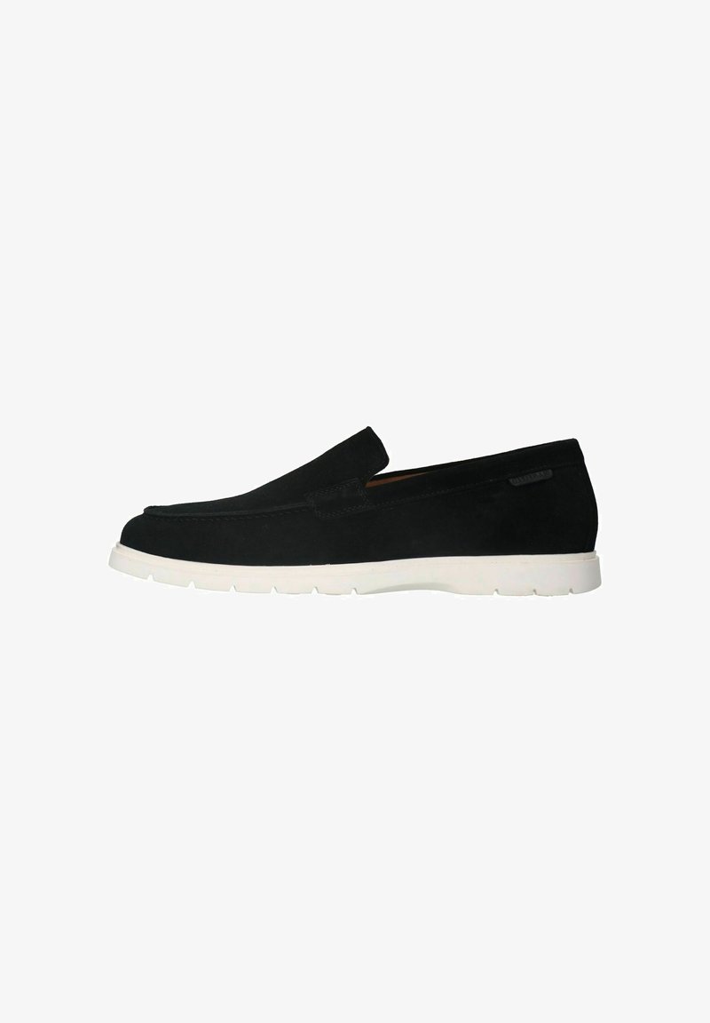 Black slip-on shoe made of suede with a smooth texture, featuring a white rubber sole, rounded toe, and minimalistic design.
