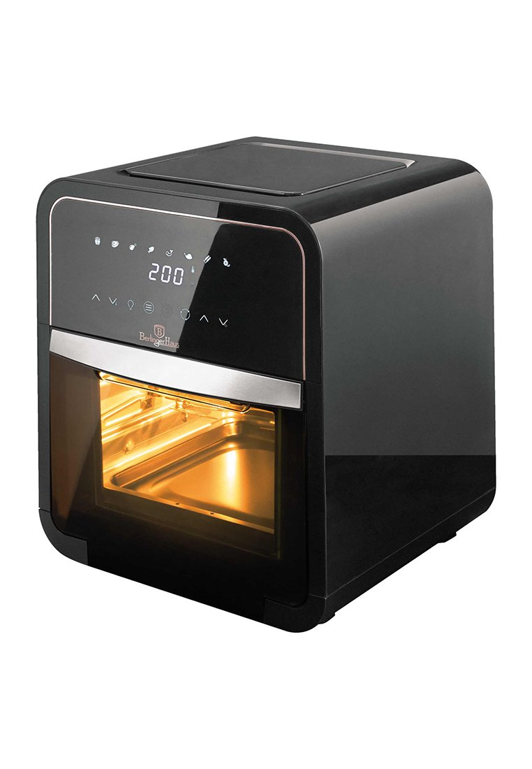 Friggitrice ad aria con un elegante esterno nero, dettagli in argento, display digitale e una porta anteriore trasparente che mostra gli elementi riscaldanti interni.