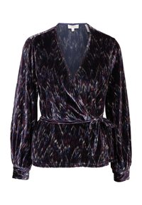Blouse portefeuille à manches longues avec un motif abstrait multicolore sur un tissu velours foncé et un nœud à la taille.