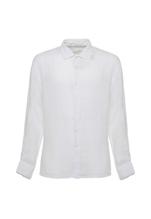 Camicia bianca a maniche lunghe con bottoni, colletto appuntito e polsini risvoltati, mostrata su uno sfondo bianco semplice.