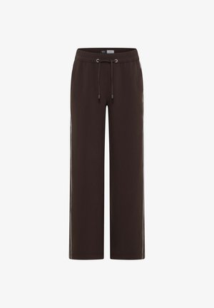Pantalones de pierna ancha color marrón oscuro con cintura elástica y cordón, con discretas rayas laterales y ojales de metal.