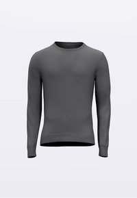 Γκρι πουλόβερ με μακριά μανίκια, στρογγυλή λαιμόκοψη, υφασμάτινη υφή και ριμπ μανσέτες και τελείωμα. Χωρίς ορατά μοτίβα ή μεταλλικά στοιχεία.