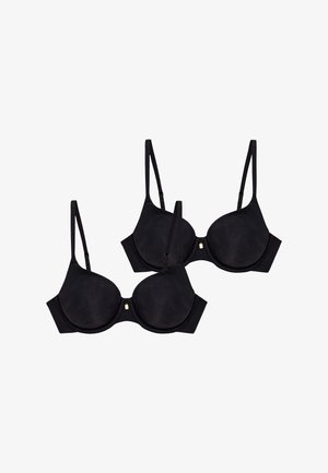 Schwarze, gepolsterte BHs mit verstellbaren Trägern, glatter Textur und einem dezenten goldfarbenen Metallakzent in der Mitte. Zwei identische Exemplare abgebildet.