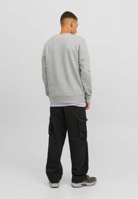 Sudadera gris de manga larga, con puños y dobladillo acanalados. Llevada sobre una camisa lavanda, combinada con pantalones cargo negros y zapatillas grises.