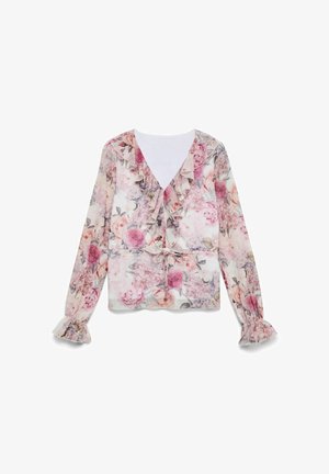 Langärmelige, florale transparente Bluse mit gerafftem V-Ausschnitt, Taillengürtel und gerafften Manschetten in rosa und beigen Tönen.