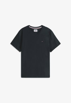 Μαύρο T-shirt με κοντό μανίκι και στρογγυλή λαιμόκοψη, με μικρό λογότυπο Tommy Jeans στο στήθος και ριγέ λεπτομέρεια στο εσωτερικό της λαιμόκοψης.