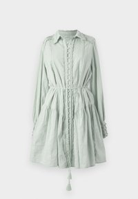 Hellgrünes, langärmliges Kleid aus strukturiertem Stoff. Verfügt über Knopfverschlüsse, einen gerafften Saum und eine Kordelzugtaille mit Quastenakzenten.