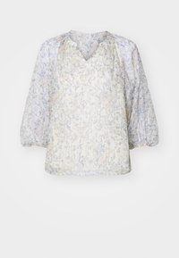 Blusa stampata floreale con scollatura a V, maniche a palloncino e tessuto leggero e trasparente in morbidi colori pastello. Design con motivi floreali e foglie distintivi.