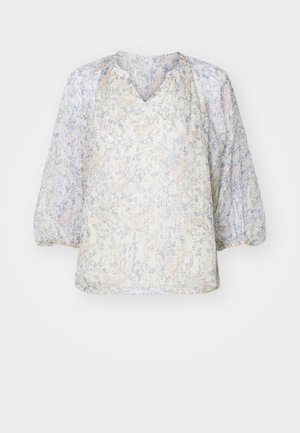 Lillelille lillelille printidega pluus, millel on v-kaelus, puffed varrukad ja kerge, läbipaistev kangas pehmes pastellvärvustes. Tunnuslikud lille- ja lehemustrit.