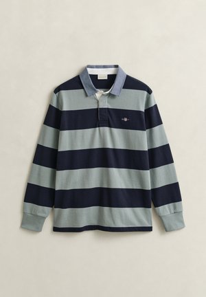 Rugbyshirt met lange mouwen, afwisselend brede horizontale strepen in marineblauw en lichtgrijs, een blauwe kraag en een klein logo op de borst.