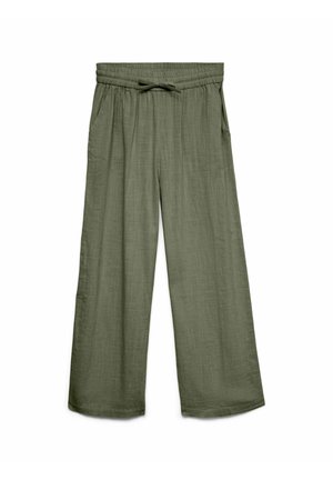 Pantalon léger à jambes larges en tissu vert olive atténué avec une finition texturée, taille réglable avec cordon de serrage et poches latérales.