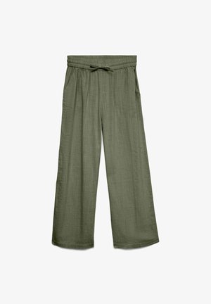 Pantaloni largi și ușori, dintr-un material verde măsliniu cu finisaj texturat, talie reglabilă cu șnur și buzunare laterale.