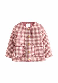 Quilted Jacke im rosa-weißen Karo-Muster. Verfügt über einen runden Kragen, goldene Knöpfe und zwei aufgesetzte Taschen mit Rüschensäumen.