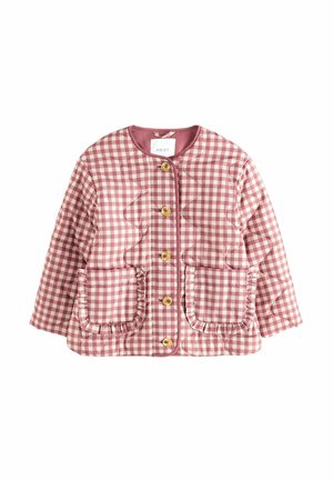 Quilted Jacke im rosa-weißen Karo-Muster. Verfügt über einen runden Kragen, goldene Knöpfe und zwei aufgesetzte Taschen mit Rüschensäumen.