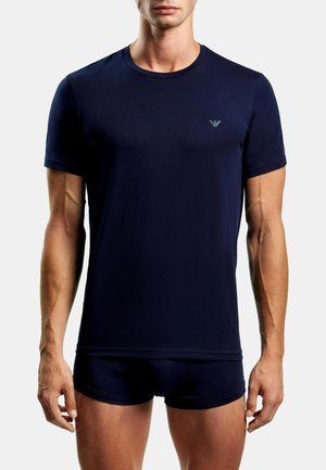 Navy blue short-sleeved t-shirt in a fitted design, made from smooth fabric with a subtle logo on the chest. Paired with matching boxer briefs.