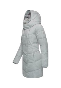 Polstret gråt yderjakke med høj krave, lynlås foran og lange ærmer. Har en tekstureret, stof finish og minimalistisk design.