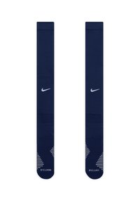 Calze blu navy al ginocchio realizzate in tessuto elasticizzato, con un logo Nike riflettente e dettagli a strisce nella parte inferiore.