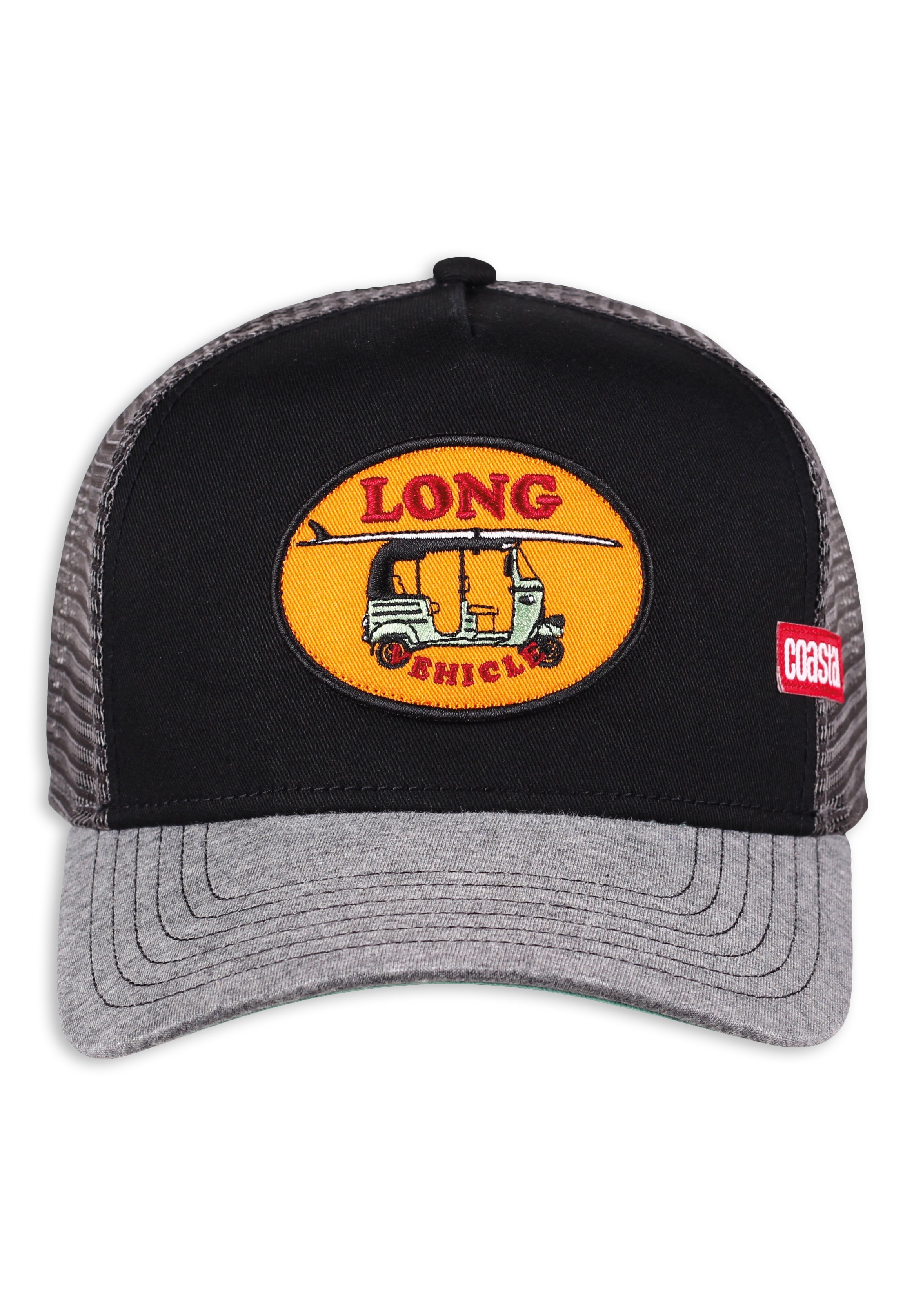 Coastal Low Car Trucker Cap – Grau/weinrot, Verstellbarer Snapback, Mesh-Rücken, Surfer-Style