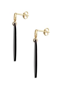 Boucles d'oreilles noires allongées au design plat, fabriquées dans un matériau brillant, avec un support et un dos en métal de couleur or.
