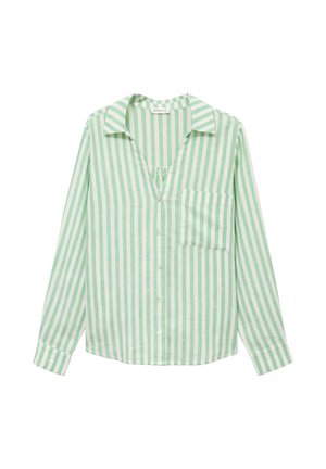 Overhemd met lange mouwen en knopen, met lichtgroene en witte verticale strepen en een enkele borstzak, op een witte achtergrond.