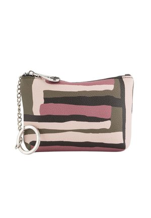 Leather pouch with pink, green, and black striped pattern. Features a silver chain and circular zipper pull. Smooth texture.