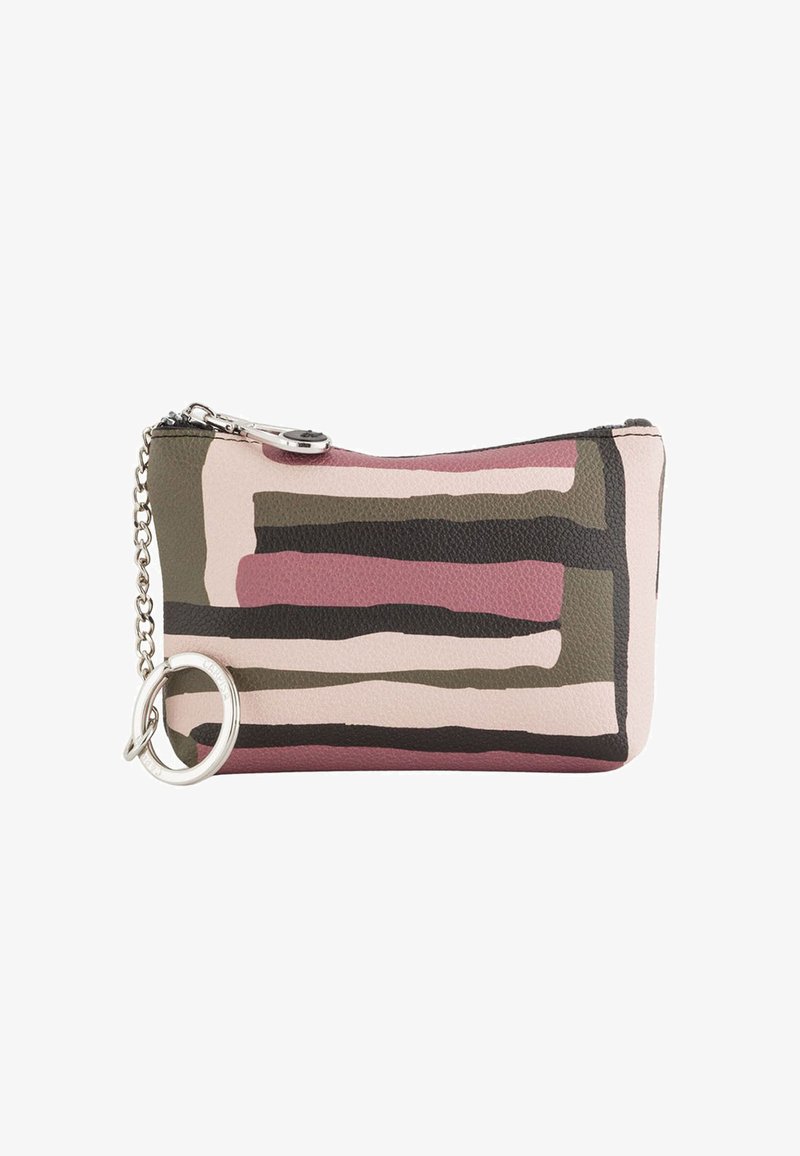 Kožený sáček s růžovo-zeleno-černým proužkovaným vzorem. Obsahuje stříbrný řetízek a kulatý zip. Hladký povrch.