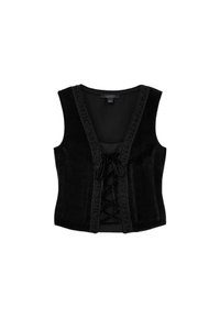 Czarna zamszowa kamizelka z głębokim dekoltem w kształcie litery V, z sznurowanym przodem i tonową haftem na brzegach. Bez rękawów, o dopasowanym kroju.