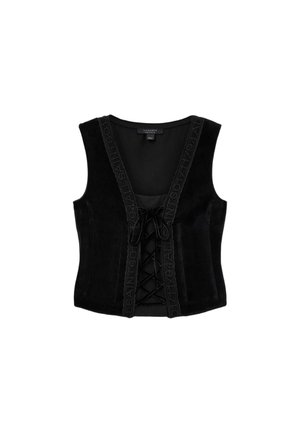 Sort ruskindsvest med en dyb V-hals, snørelukning foran og tonal broderi langs kanterne. Uden ærmer og med en tætsiddende pasform.
