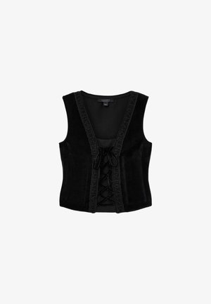 Sort ruskindsvest med en dyb V-hals, snørelukning foran og tonal broderi langs kanterne. Uden ærmer og med en tætsiddende pasform.