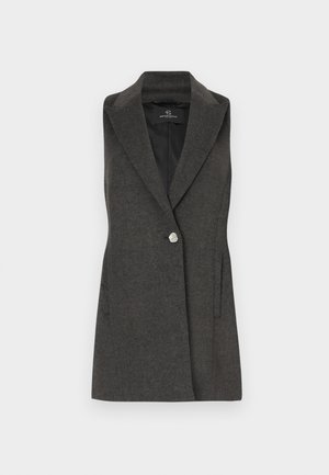 Kullgrå ermeløs blazer med klippet krage, enkel sølvknapplukking og sidelommer. Teksturert stoff med skreddersydd passform.